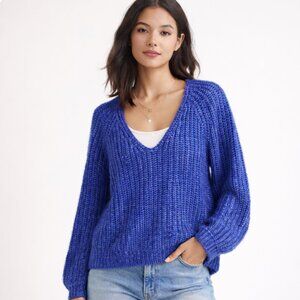 Lilla P Blue Chunky Knit V-Neck Sweater Size L Oversized Pullover